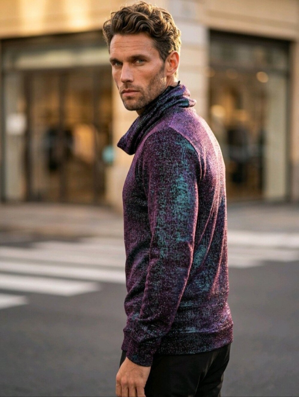 🔮🪩 MENS Holographic Mission Vibrant Cowl Neck Festival Rave Wear Shirt Sweater